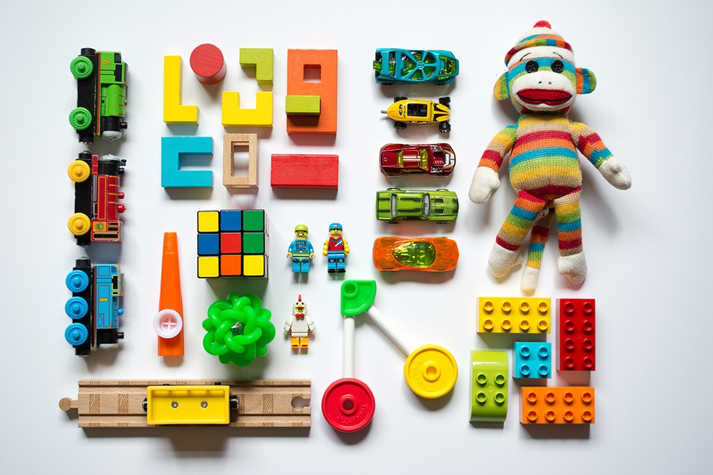 top down view of colourful kids toys